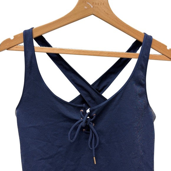 Savage X Fenty Metallic Navy Blue Lace Up Front Open Back Bodysuit Size XL - Picture 5 of 10